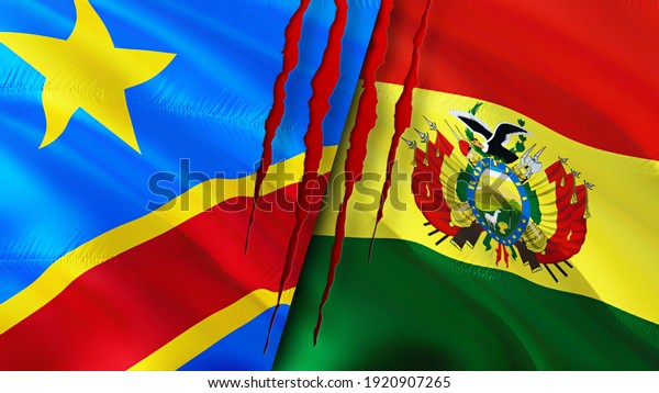 DR Congo and Bolivia flags with scar concept.\
Waving flag,3D rendering. Bolivia and DR Congo conflict concept. DR\
Congo Bolivia relations concept. flag of DR Congo and Bolivia\
crisis,war, attack\
