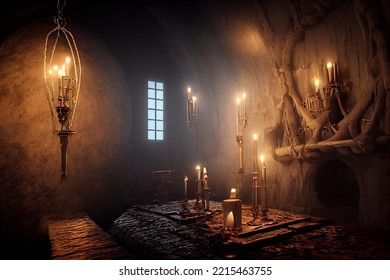 Dracula Castle Cell Interior With Chains By Candlesticks In Horror Halloween Theme. Indoor Of Transylvanian Vampire Dungeon Prisons For Games Background. 3D Illustration.