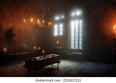 Dracula Castle's Torture Inquisition Chamber With Torture Tools And Blood Lit By Candlesticks. Indoor Of Transylvanian Vampire Horror Dungeon For Games Background. 3D Illustration Halloween Theme