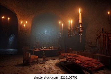 Dracula Castle's Torture Room Interior With Torture Tools And Bloody Furniture Lit By Candlesticks. Indoor Of Transylvanian Vampire Horror Dungeon For Games Background. 3D Illustration Halloween Theme