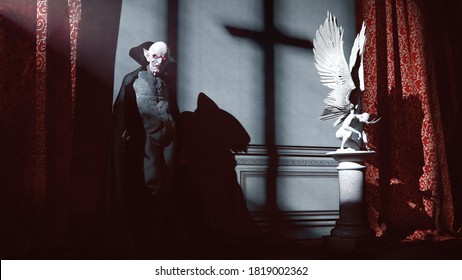 Dracula With A Cloak  Standing Near A Devil Statue And Drape On A Moonlight And Shadows In A Castle - Concept Art - 3D Rendering 