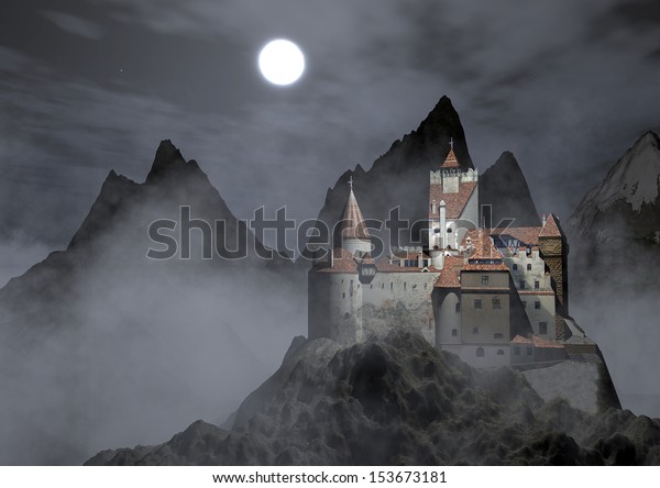 ドラキュラの城 霧の深い夜の山の上のドラキュラ城 のイラスト素材 Shutterstock