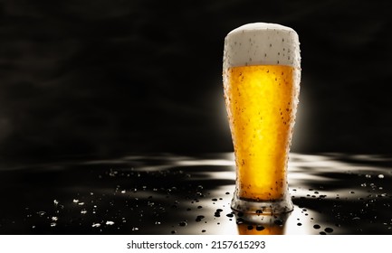 Draft Or Craft Beer In A Tall Clear Glass. With Cold Steam, White Beer Foam Was Placed On Reflective Floor. There Were Water Droplets On The Floor. Most Popular Alcoholic Beverages. 3D Rendering