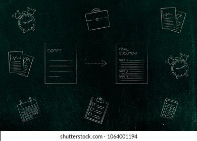 from draft to final document: paper sheets with arrow surrounded by office objects