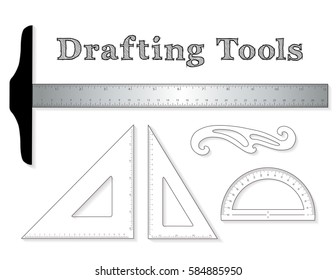 Drafting Tools, For Architecture And Engineering: Aluminum T-square With Inch And Centimeter Measure, 45 Degree Triangle, 60 Degree Triangle, Ruler, French Curve, Protractor Isolated On White. 