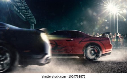 Drag Racing Cars On The Night Track 3d Render