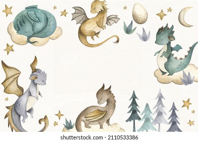Dragon baby animals watercolor illustration