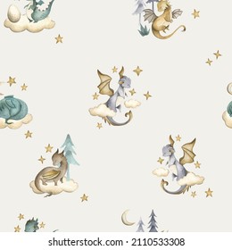 Dragon baby animals watercolor seamless pattern 