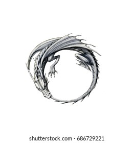 Dragon eating its own tail. Tattoo isolated on White background.Hand drawn