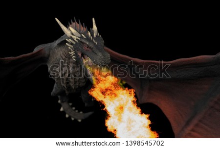 Dragon flying with full speed and throwing fire black background isolated 3d illustration