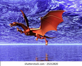 Dragon flying over a blue ocean or sea