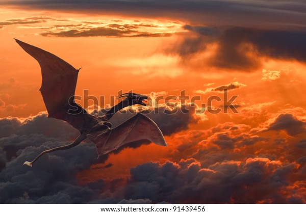 オレンジの夕焼けの雲の上を飛ぶドラゴン のイラスト素材