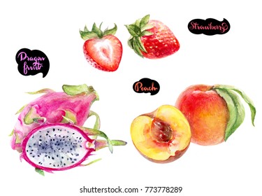 Dragon Fruit, Peach, Strawberry Hand Draw Watercolor Illustration Isolated On White Background.