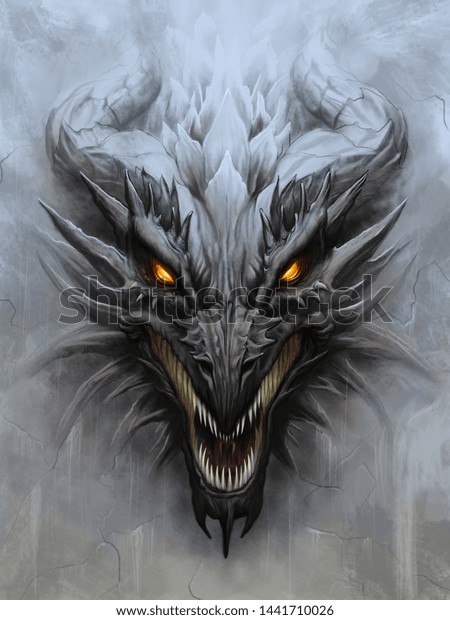 Dragon head on the gray stone background.\
Digital painting.