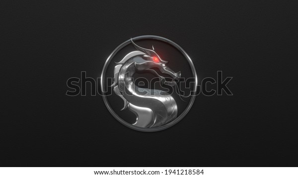 Dragon logo of\
metal, red glowing eye in round ring on black background. Mortal\
Kombat. Film and game\
concept