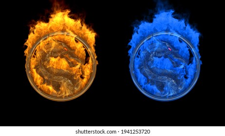 Dragon logos of metal, red glowing eye in round ring on black background. Orange and blue versions. Bright flame of fire. Mortal Kombat. Film and game concept