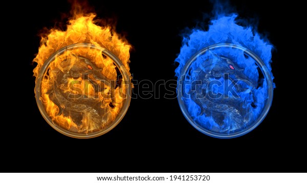 Dragon logos of metal, red glowing eye\
in round ring on black background. Orange and blue versions. Bright\
flame of fire. Mortal Kombat. Film and game\
concept