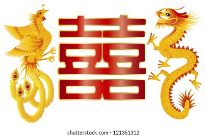 Dragon and Phoenix Symbols for Chinese Wedding with Double Happiness Text Calligraphy Illustration Raster