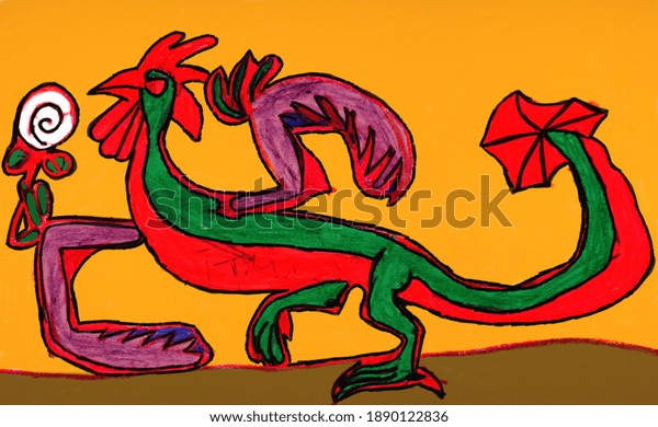 A dragon with a rooster\'s head.\
Children\'s drawing in the form of an abstraction in the style of\
primitivism. Manual work is done in oil pastels on\
paper.