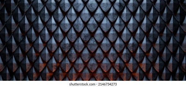 Dragon scale texture. Dark abstract background. 3d illustration.