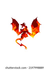 Dragon Silhouette With Flame. Fire Dragon Illustration Isolated On White Background. Bold And Daring Design To Use For Logo Or Print Postcards, Stickers, Clothing Prints