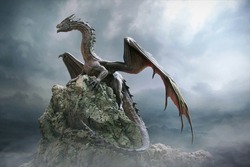 Dragon Sitting On The Rock 3d Illustration