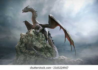 Dragon sitting on the rock 3d illustration
