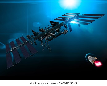 Dragon Spacecraft Approaching ISS For Docking. Space Exploration. Low Earth Orbit And Earth View. Element Of This Image Are Furnished By NASA, 3d Render