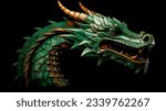 Dragon traditional handmade wooden head carving texture. Dark green golden gate wall decoration Chinese ethnic beast vintage 2024 zodiac symbol illustration