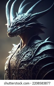 Dragon Warrior Portrait, Wearing Super Cool Armor, Dark Forces, 3D Illustration.