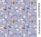 Dragonfly watercolor pattern, colorful wallpaper with insects.  red dragonfly with purple background 