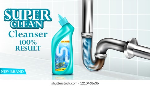 drain pipe cleaner ad poster, detergent bottle near basin siphon, chrome luxury sink drain. Mockup package for brand design, 100 percent result cleanser. Illustration bathroom tiles background