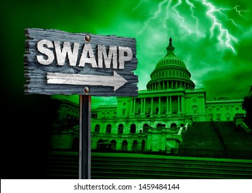 Drain The Swamp Politics And United States Deep State Government Corruption As A US Political Concept In A 3D Illustration Style.