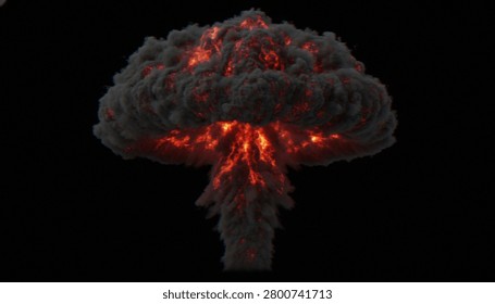 A dramatic 3D render of a massive nuclear mushroom cloud explosion against a solid black background, showcasing intense fire, heat, and dark plumes of smoke.