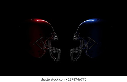 Dramatic 3D rendered Red vs. Blue football helmet over black background with clipping mask.