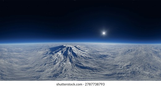 A dramatic 3d rendering of a snowy mountain peak rising above a vast cloud layer under a starry space horizon.