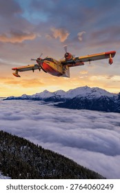 Dramatic 3d rendering of a yellow-red seaplane flying above clouds and snowy mountains at sunset, BC Canada background.