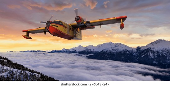 Dramatic 3d Rendering of a yellow-red water bomber aircraft flying over snowy mountains above cloud inversion at sunset. BC, Canada Background
