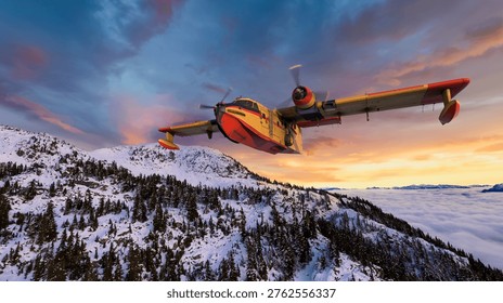 Dramatic 3D rendering of a yellow-red water bomber plane flying over snowy BC Canada mountains at sunset.