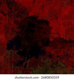 A dramatic abstract artwork dominated by deep crimson and dark black shades. The surface appears layered with subtle line patterns cutting through the dark background. Hints of green 