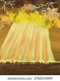 A dramatic abstract digital artwork depicting a massive golden waterfall pouring down under a dark storm sky with white lightning bolts striking.