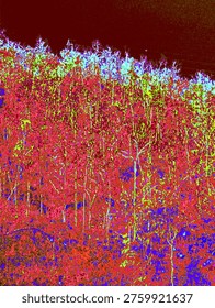 Dramatic abstract forest in fire red and orange tones with a large crimson moon, evoking themes of wildfire, war, or an apocalyptic digital landscape.