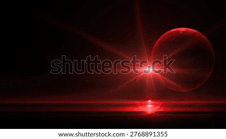 A dramatic abstract image featuring a bright red light flare emanating from a central point, with lens distortion and a glowing red sphere in the background.