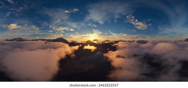 Dramatic Aerial Panorama of Clouds and Mountain Landscape. Nature Background. 3d Rendering