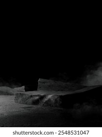  Dramatic and atmospheric dark rock platform with smoky shadows, suitable as a background or stage for product displays and presentations. 3D illustration
