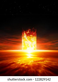 Dramatic background - red sunset, burning doorway, way to hell