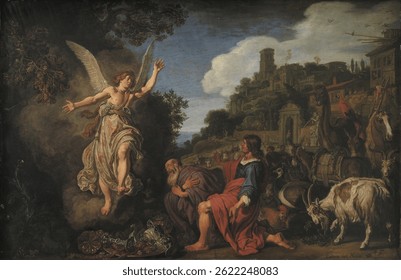 A dramatic biblical scene with an angel, elderly man, and younger man. The angel gestures dramatically. Animals and a cityscape fill the background. Vintage angel illustration artwork.