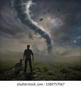 Dramatic Big Tornado Over A Field Approaches While Being Watched By A Man And His Dog, Photo, Hand-drawing Elements And 3d Render Elements