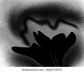 A dramatic black and gray abstract artwork that resembles a blooming black velvet flower. Ideal for fashion prints, home decor, album covers, and modern editorial use