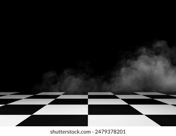 A dramatic black and white chessboard floor with rising smoke, creating an eerie and mysterious atmosphere, perfect for design projects game, motor sport  - Powered by Shutterstock